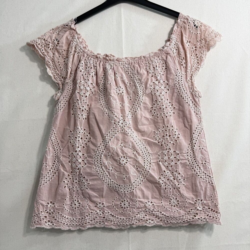 Adiva Women’s Medium Pink Eyelet Embroidered Cotton Blouse Boho Peasant Top